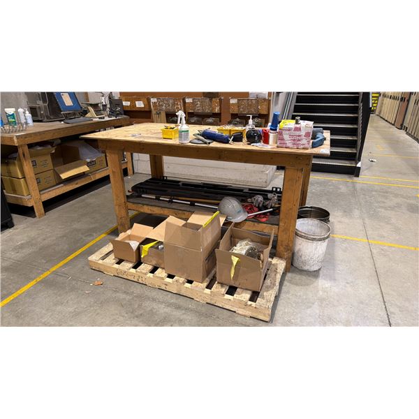 2 TIER WOOD SHOP TABLE WITH ASSORTED SHOP CONTENTS