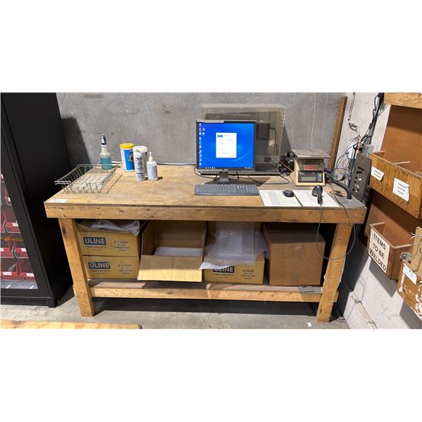 2 TIER WOOD SHOP TABLE WITH ASSORTED SHOP CONTENTS INLUDING ASSORTED ULINE POLY BAGS, DIGITAL