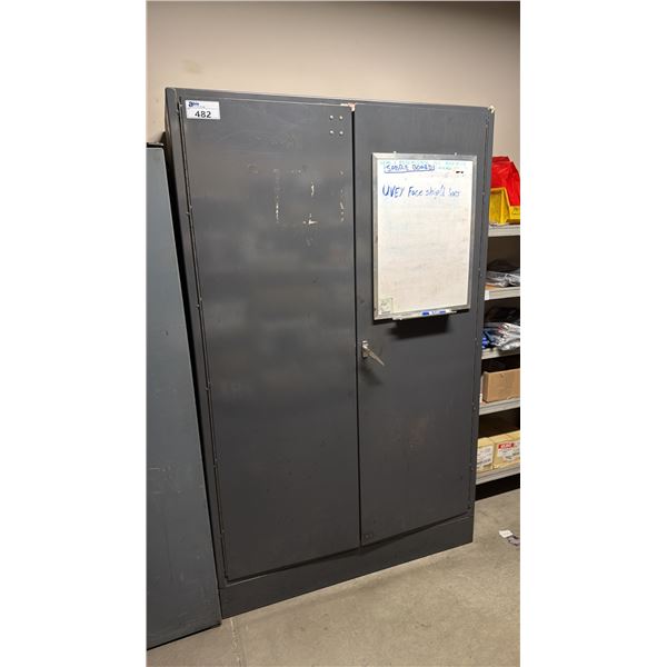 HEAVY DUTY GREY STEEL 2 DOOR PARTS CABINET WITH LARGE ASSORTMENT OF HARDWARE, FASTENERS & FITTINGS