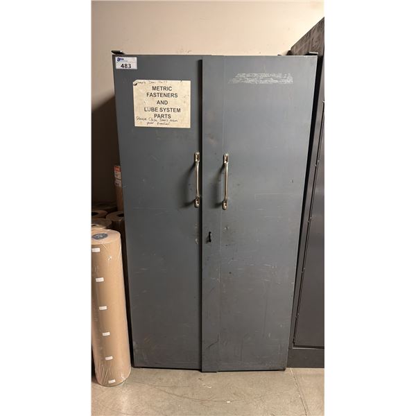 GREY METAL HEAVY DUTY 2 DOOR PARTS STORAGE CABINET WITH MISC CONTENTS INCLUDED