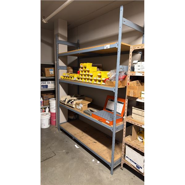 GREY METAL E-Z RECT SHELVING SYSTEM WITH 2 UPRIGHTS, 8 SIDE RAILS WITH WOOD SHELVES