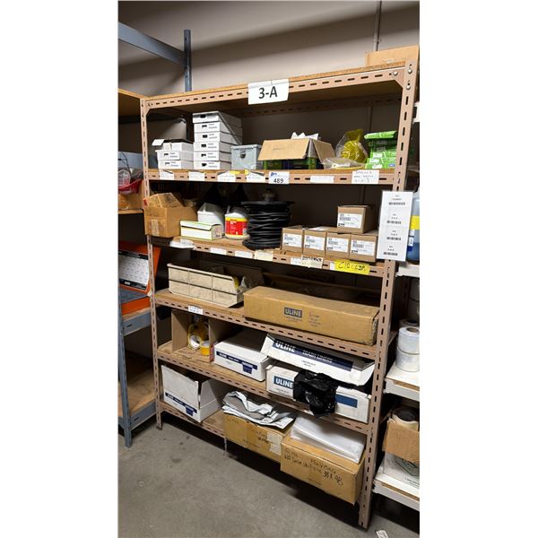 SHELVING UNIT WITH CONTENTS- ASSORTED ELECTRICAL, ULINE PRODUCTS, WELDING PARTS & MISC ITEMS