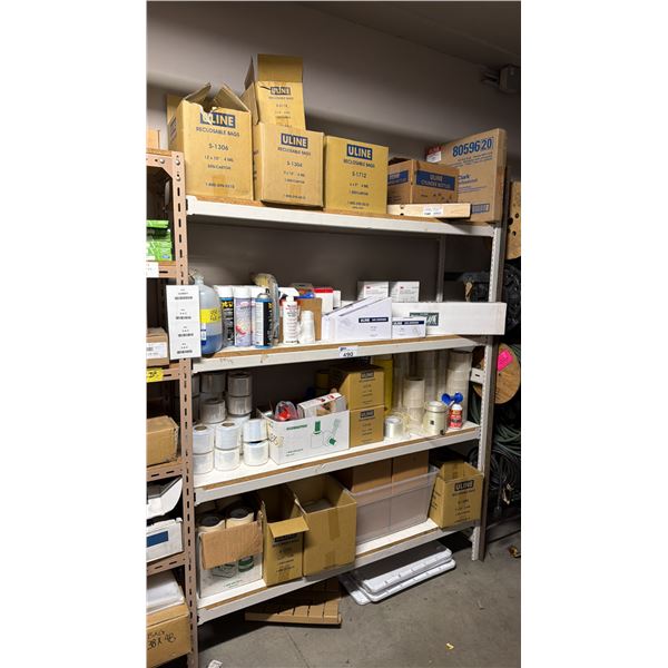 CONTENTS OF 4 SHELVES- ASSORTED ULINE PRODUCTS, TAPE, DISINFECTANT, ULINE BAGS, PACKAGING SUPPLIES