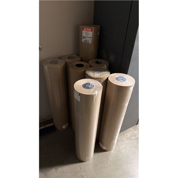 8 ASSORTED ULINE BROWN PACKAGING PAPER ROLLS
