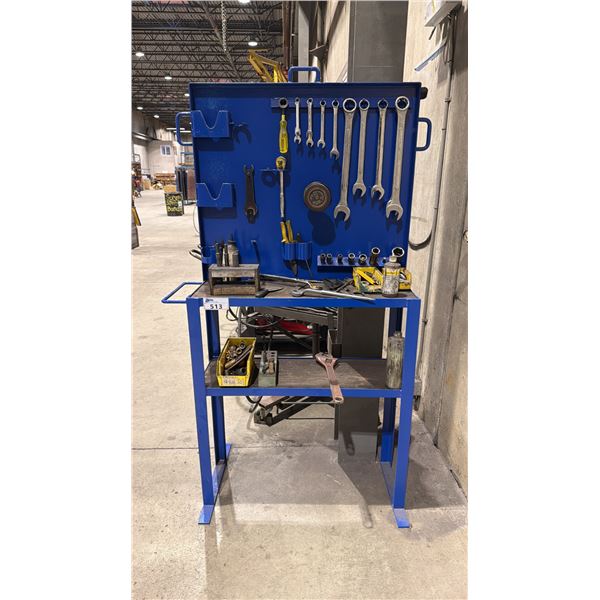 BLUE METAL WORK STATION WITH ASSORTED COMBINATION WRENCHES, BITS, SOCKETS & MORE