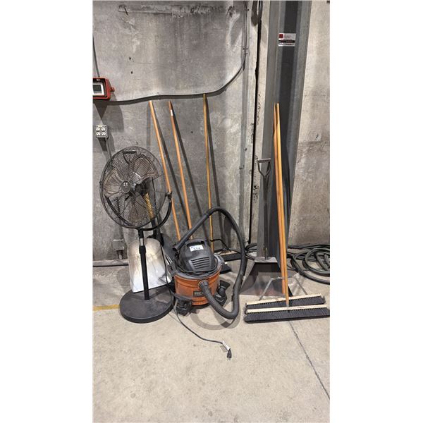 GROUP OF ASSORTED SHOP SUPPLIES- RIDGID SHOP VAC, BROOMS, SHOVELS & FAN