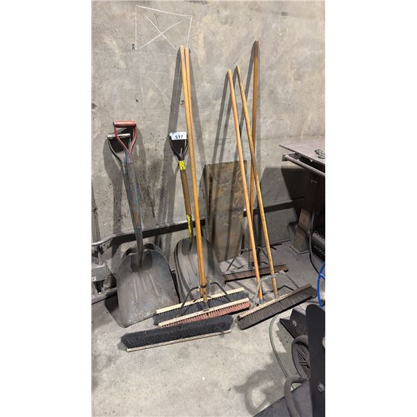 GROUP OF ASSORTED SHOVELS & BROOMS