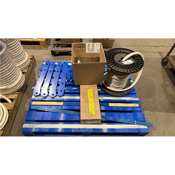 PALLET OF WEATHER STRIPPING, HARDWARE STEEL MACHINE COMPONENTS & MORE
