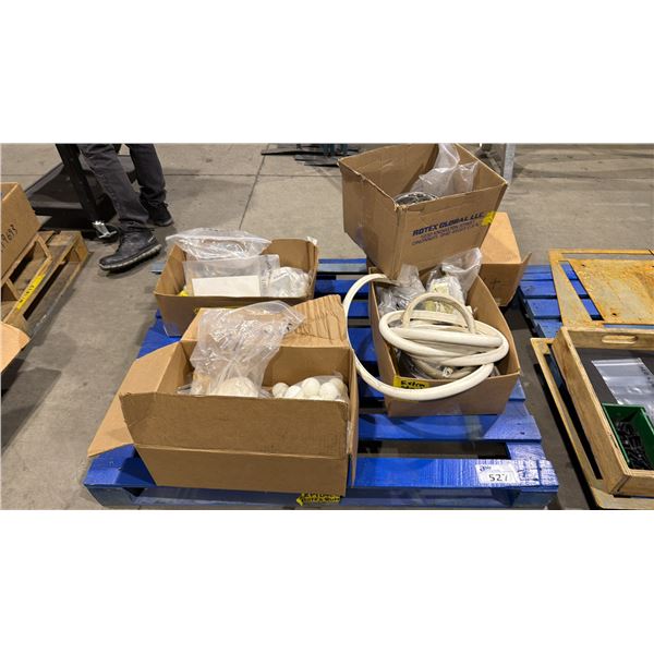 PALLET OF ASSORTED SCREENING BALLS, WEATHER STRIPPING, HARDWARE & MORE