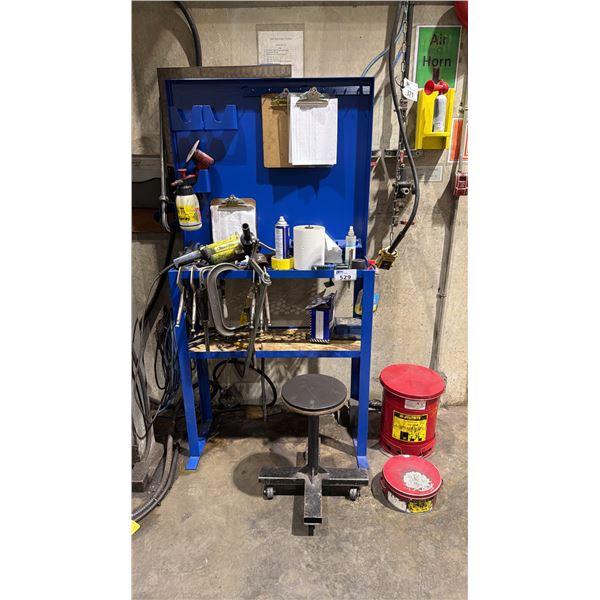 BLUE METAL WORK STATION WITH ASSORTED TOOLS, CLAMPS, 2 JUSTRITE CANS, ROLLING STOOL, GRINDERS & MORE