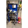 Image 1 : BLUE METAL WORK STATION WITH ASSORTED TOOLS, CLAMPS, 2 JUSTRITE CANS, ROLLING STOOL, GRINDERS & MORE