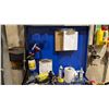Image 3 : BLUE METAL WORK STATION WITH ASSORTED TOOLS, CLAMPS, 2 JUSTRITE CANS, ROLLING STOOL, GRINDERS & MORE