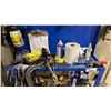 Image 4 : BLUE METAL WORK STATION WITH ASSORTED TOOLS, CLAMPS, 2 JUSTRITE CANS, ROLLING STOOL, GRINDERS & MORE