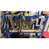 Image 5 : BLUE METAL WORK STATION WITH ASSORTED TOOLS, CLAMPS, 2 JUSTRITE CANS, ROLLING STOOL, GRINDERS & MORE