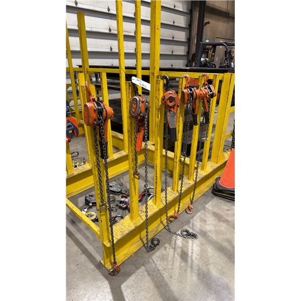 5 ORANGE INDUSTRIAL 3/4 TON LEVER CHAIN HOISTS -3 JET, 2 UNKNOWN