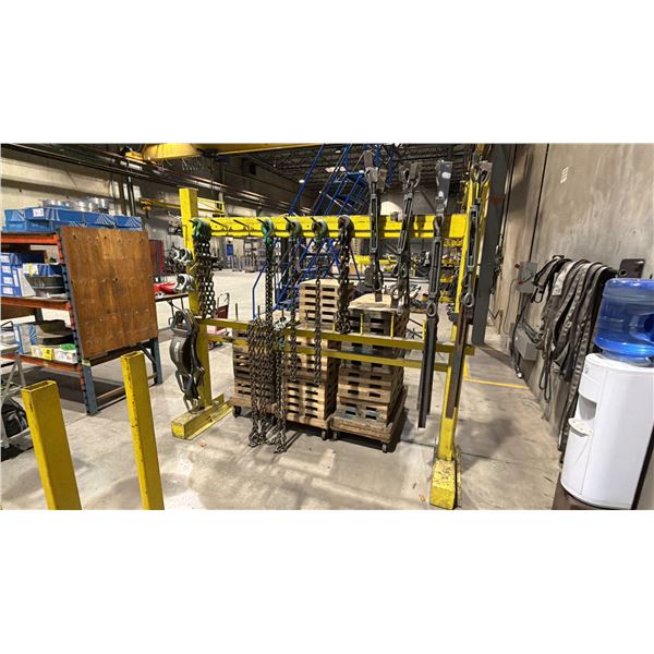 YELLOW METAL SHOP RACK WITH ASSORTMENT OF LIFT CHAINS, SHACKLES & OTHER LIFTING ACCESSORIES