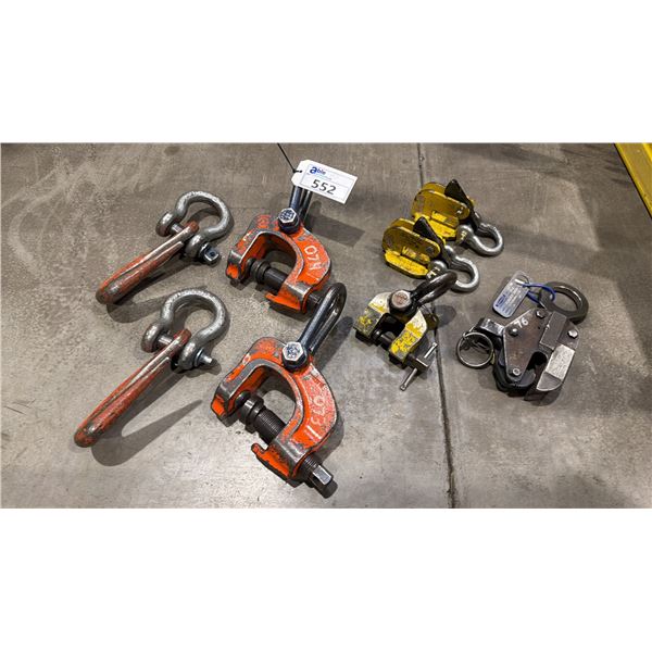 3 HOOK SCREW CLAMPS, 2 HEAVY DUTY LIFTING HOOKS & 3 PLATE GRABBERS