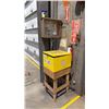 Image 1 : YELLOW WOODEN FIRST AID BOX WITH CONTENTS ON WOODS STAND WITH EYE WASH STATION