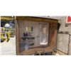 Image 3 : YELLOW WOODEN FIRST AID BOX WITH CONTENTS ON WOODS STAND WITH EYE WASH STATION