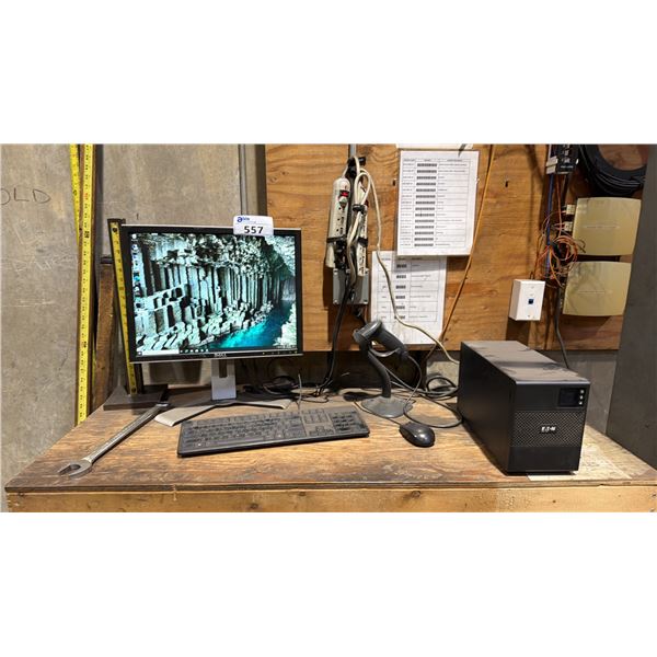 CONTENTS OF WORK STATION DESK- 20" DELL MONITOR, KEYBOARD, EATON BATTERY BACK UP & SCANNER GUN