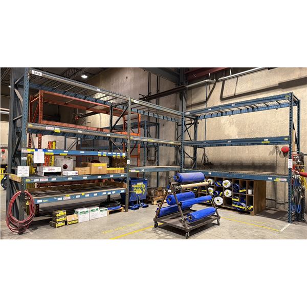 3 BAYS OF BLUE PALLET RACKING W/MESH DECK SHELVING - (5) UPRIGHTS AND (22) SIDE RAILS