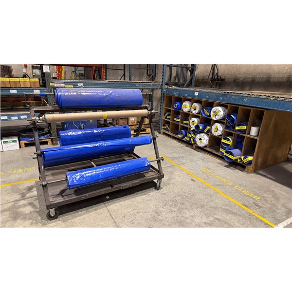 A FRAME MOBILE POLY ROLL STAND WITH APPROX 32 ROLLS OF ASSORTED POLY MATERIAL