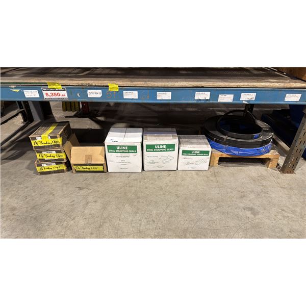 4 ROLLS OF STEEL BANDING & 7 BOXES OF STEEL STRAPPING SEALS & CLIPS