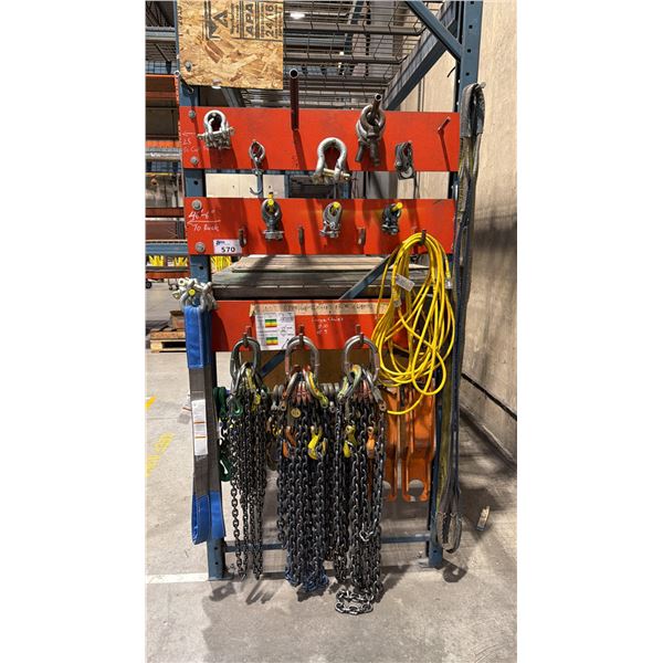LARGE GROUP OF ASSORTED LIFTING EQUIPMENT- LARGE CHAIN LIFTS, SLINGS, SHACKLES, ETC