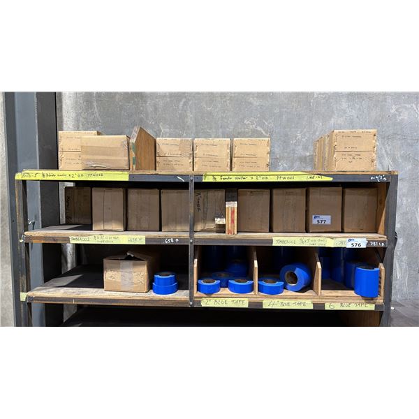 APPROX 30 ROLLS OF BLUE ULINE ASSORTED SIZE TAPE & APPROX 20 BOXES OF STEEL WASHERS