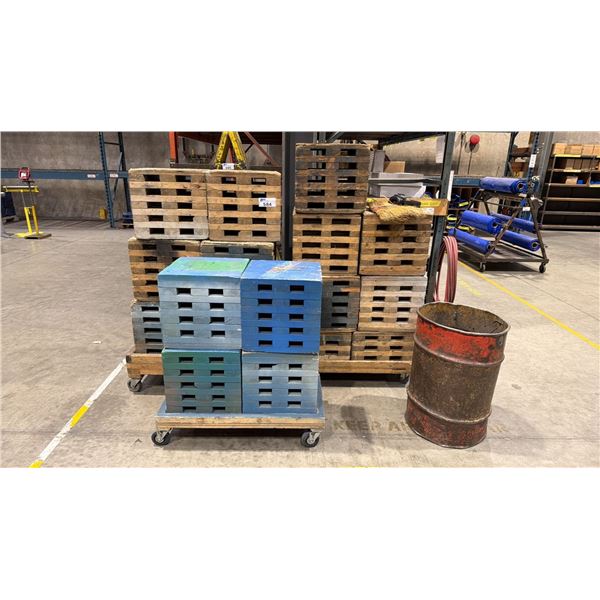 GROUP OF 3- 4 WHEEL FLAT DOLLIES LOADED WITH APPROX 17 WOOD MATERIAL SETTING BLOCKS