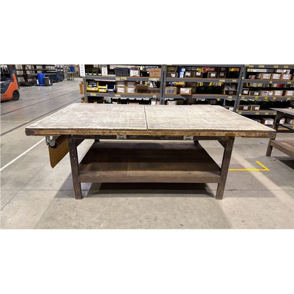 METAL/WOOD PLASTIC TOP 2 TIER SHOP TABLE WITH ROLL DISPENSER APPROX 8'L X 5'D X 3'H