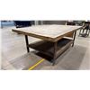 Image 4 : METAL/WOOD PLASTIC TOP 2 TIER SHOP TABLE WITH ROLL DISPENSER APPROX 8'L X 5'D X 3'H