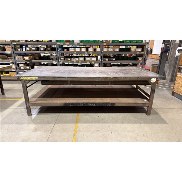 METAL/WOOD STEEL TOP 2 TIER SHOP TABLE WITH 8' PULL OUT WORK SURFACE APPROX 10'L X 5'D X 3'H