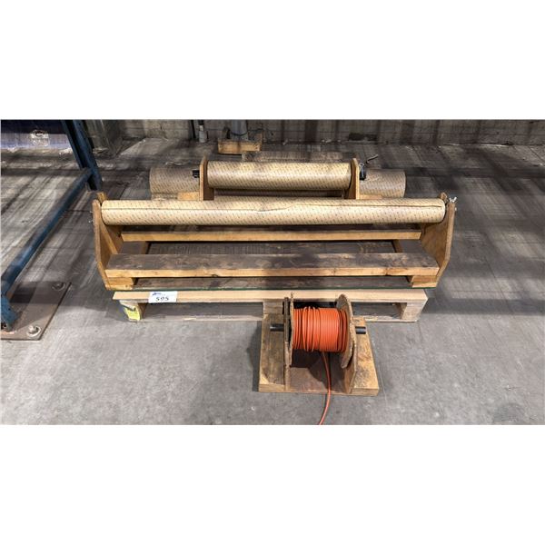 ASSORTED ROLLS OF 3M 300LSE ADHESIVE PAPER WITH 2 WOODEN ROLL HOLDERS/DISPENSERS & SPOOL OF ORANGE