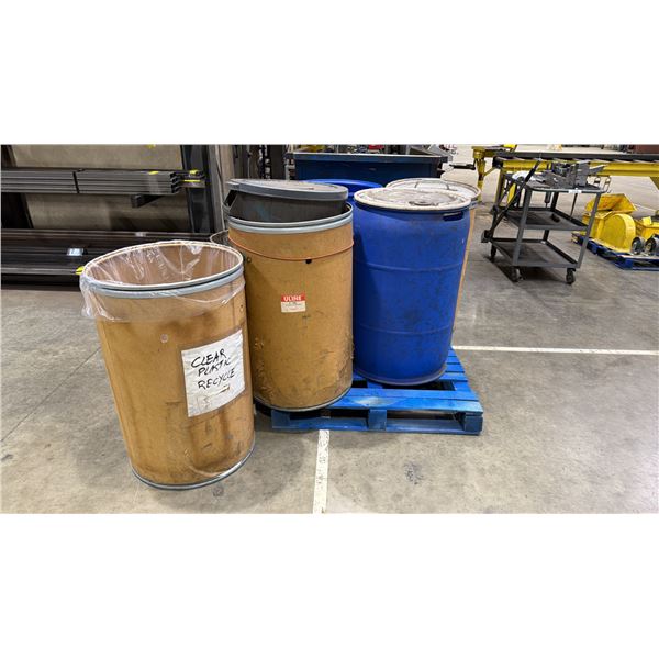PALLET OF ASSORTED BINS, BARRELS & BUCKETS