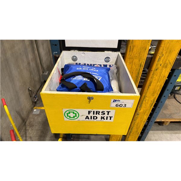 YELLOW WOODEN FIRST AID BOX WITH CONTENTS