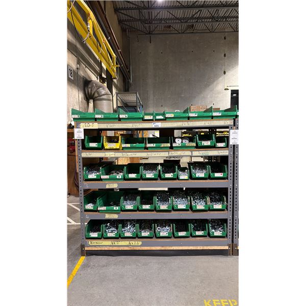 GREY METAL/WOOD SHELVING UNIT WITH ASSORTED HARDWARE- WASHERS, BOLTS, NUTS, CAP SCREWS & MORE