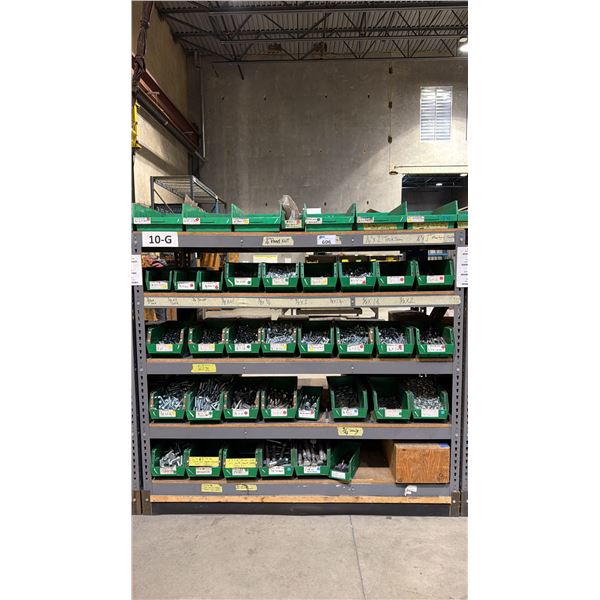 GREY METAL/WOOD SHELVING UNIT WITH ASSORTED HARDWARE- WASHERS, BOLTS, NUTS, CAP SCREWS & MORE