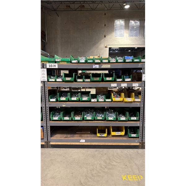 GREY METAL/WOOD SHELVING UNIT WITH ASSORTED HARDWARE- WASHERS, BOLTS, NUTS, CAP SCREWS & MORE