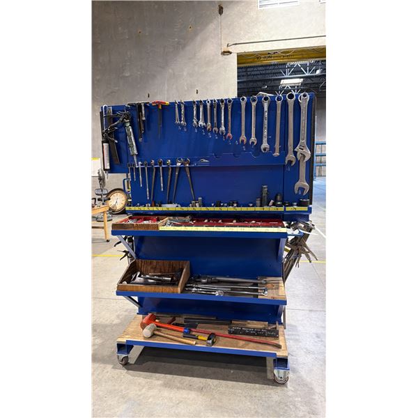 BLUE MOBILE TOOL CART WITH ASSORTED TOOLS- WRENCHES, SOCKETS, BITS, RATCHETS, BESSEY CLAMPS,