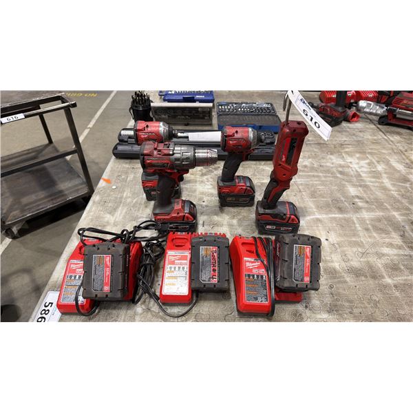 GROUP OF MILWAUKEE CORDLESS POWER TOOLS- 3 DRILLS, 1 WORK LIGHT, 3 CHARGERS & 7 BATTERIES
