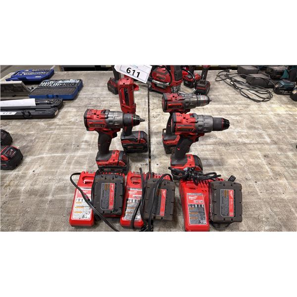 GROUP OF MILWAUKEE CORDLESS POWER TOOLS- 3 DRILLS, 1 WORK LIGHT, 3 CHARGERS & 7 BATTERIES