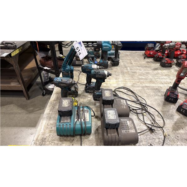 GROUP OF MAKITA CORDLESS POWER TOOLS- 3 DRILLS, 2 WORK LIGHTS, 3 CHARGERS & 7 BATTERIES