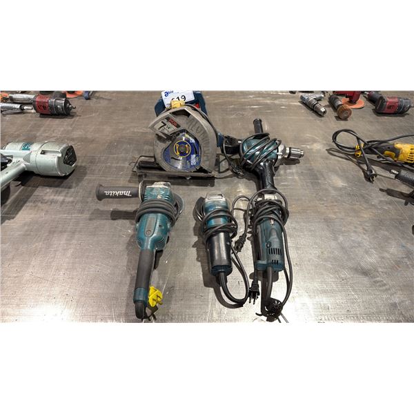 2 MAKITA GRINDERS, ANGLE DRILL, DRILL & RYOBI CIRCULAR SAW