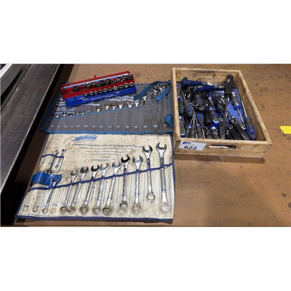 2 COMBINATION WRENCH SETS, ASSORTED SOCKETS & WOODEN BOX OF ASSORTED SCREWDRIVERS