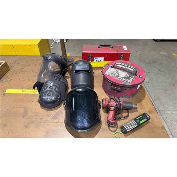 ASSORTED SHOP SUPPLIES- WELDING HELMETS, WORK LIGHT, HEAT GUN, KNEE PADS, TOOLBOX WITH CONTENTS &