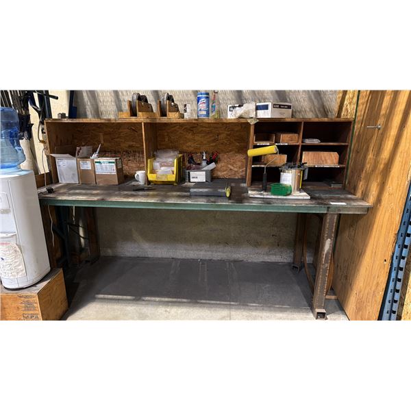 STEEL WORK STATION WITH WOODEN SHELVES & ASSORTED SHOP CONTENTS- CASTERS, ORGANIZER BINS, CAULKING,