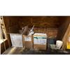 Image 3 : STEEL WORK STATION WITH WOODEN SHELVES & ASSORTED SHOP CONTENTS- CASTERS, ORGANIZER BINS, CAULKING,
