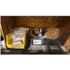 Image 4 : STEEL WORK STATION WITH WOODEN SHELVES & ASSORTED SHOP CONTENTS- CASTERS, ORGANIZER BINS, CAULKING,
