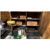 Image 5 : STEEL WORK STATION WITH WOODEN SHELVES & ASSORTED SHOP CONTENTS- CASTERS, ORGANIZER BINS, CAULKING,